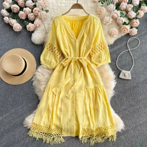 Vestido Chemise Laise Renda Guipir Faixa Artesanal