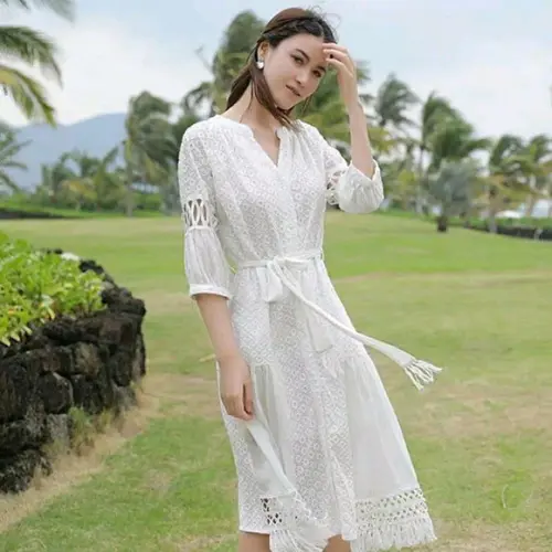 Vestido Chemise Laise Renda Guipir Faixa Artesanal
