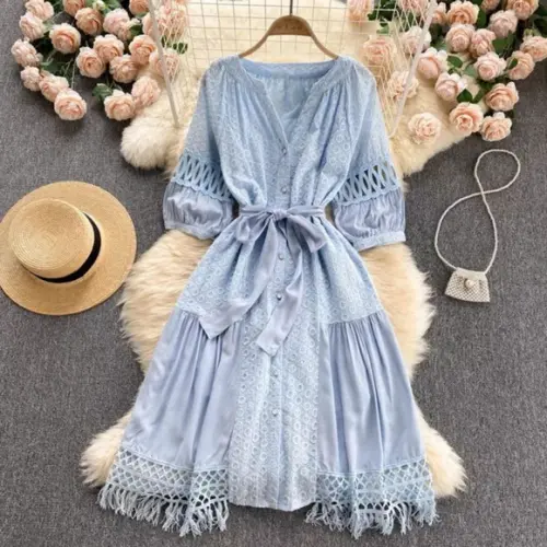 Vestido Chemise Laise Renda Guipir Faixa Artesanal