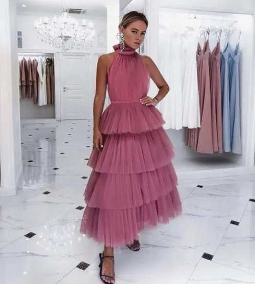 Vestido de Seda Tule Babado Sob Medidas Civil Festa Madrinh