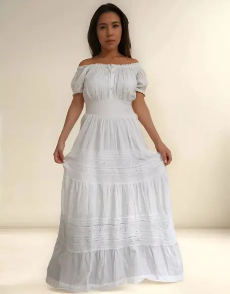 Vestido Longo Algodão Lese Renda Botões Batizado Civil Festa
