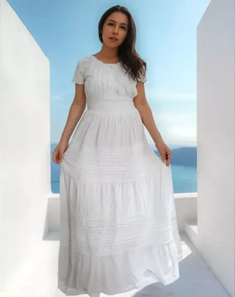 Vestido Longo Algodão Lese Renda Botões Batizado Civil Festa