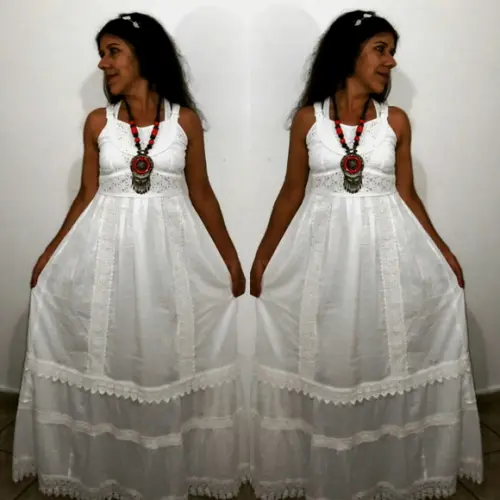 Vestido Longo Algodão Lese Renda Guipir Civil Noivado Festa