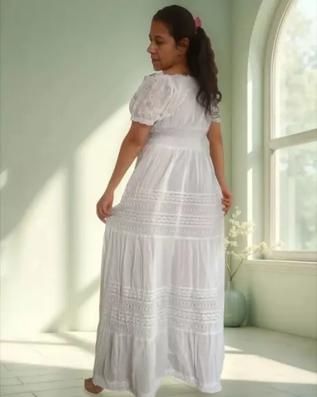 Vestido Longo Algodão Lese Renda Botões Batizado Civil Festa