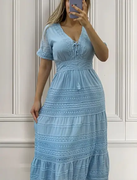 Vestido Longo Algodão Lese Renda Guipir Manga Curta