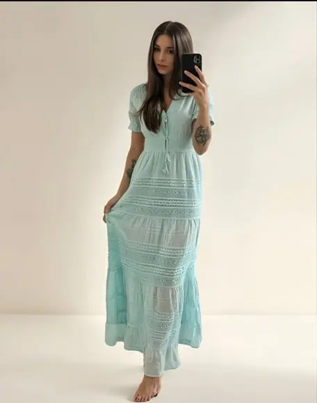 Vestido Longo Algodão Lese Renda Guipir Manga Curta