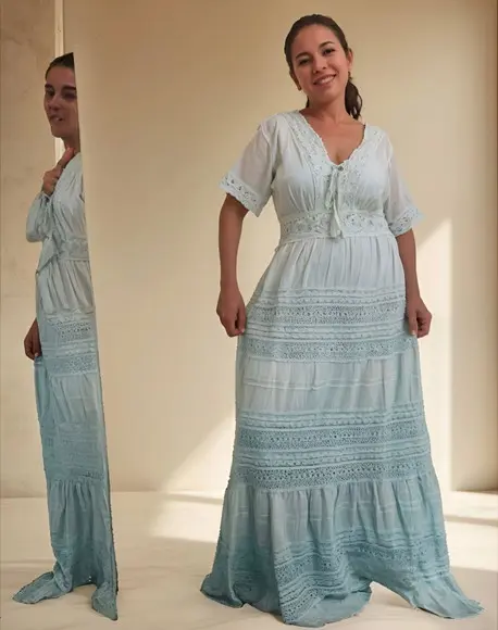 Vestido Longo Algodão Lese Renda Guipir Manga Curta