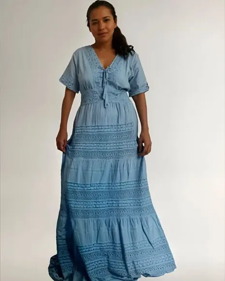 Vestido Longo Algodão Lese Renda Guipir Manga Curta