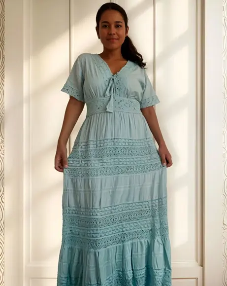 Vestido Longo Algodão Lese Renda Guipir Manga Curta