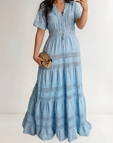 Vestido Longo Algodão Lese Renda Guipir Manga Curta
