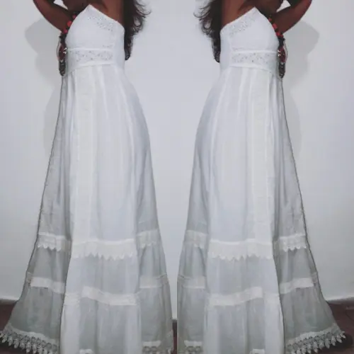 Vestido Longo Algodão Lese Renda Guipir Civil Noivado Festa