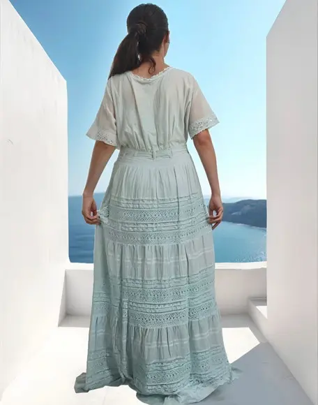 Vestido Longo Algodão Lese Renda Guipir Manga Curta