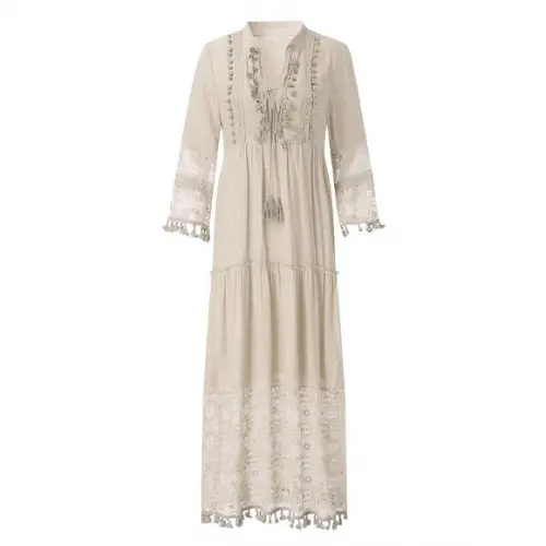 Vestido Longo Algodão Linho Renda Boyo Chic Cru