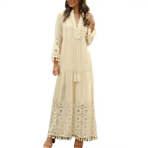 Vestido Longo Algodão Linho Renda Boyo Chic Cru
