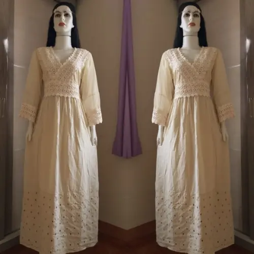 Vestido Longo Algodão Renda Manga Longa Civil Noiva Festa