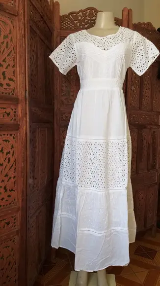 Vestido Longo Algodão Renda Manga Curta Civil Batizado Noiva