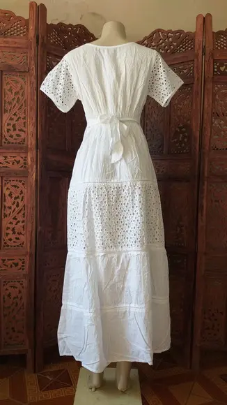 Vestido Longo Algodão Renda Manga Curta Civil Batizado Noiva
