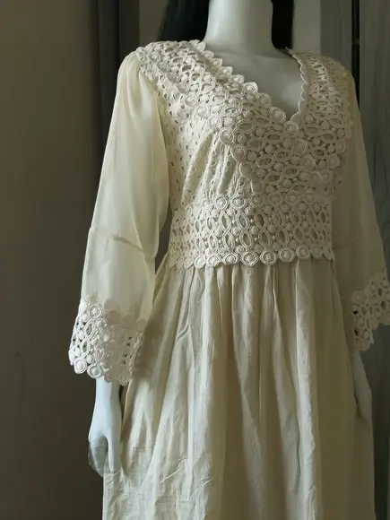 Vestido Longo Algodão Renda Manga Longa Civil Noiva Festa
