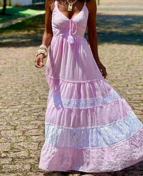 Vestido Longo Bordado Laise Rosa Branco Festa