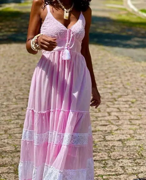 Vestido Longo Bordado Laise Rosa Branco Festa