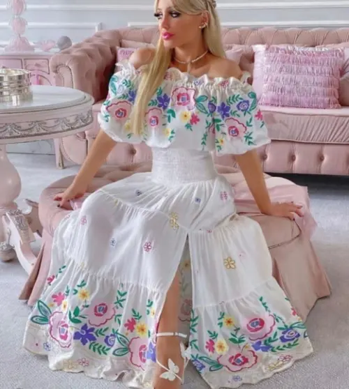 Vestido Longo Bordado Manga Ciganinha Noivado Civil Festa