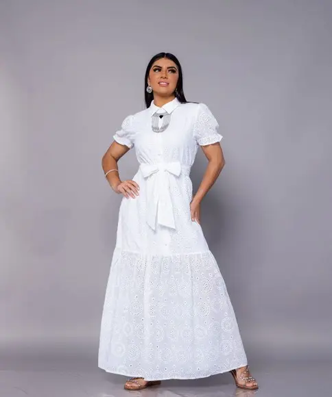 Vestido Longo Branco Algodão Bordado Lese Faixa Civil Festa