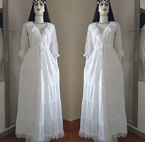 Vestido Longo Branco Algodão Laise Manga 3/4 Em Renda