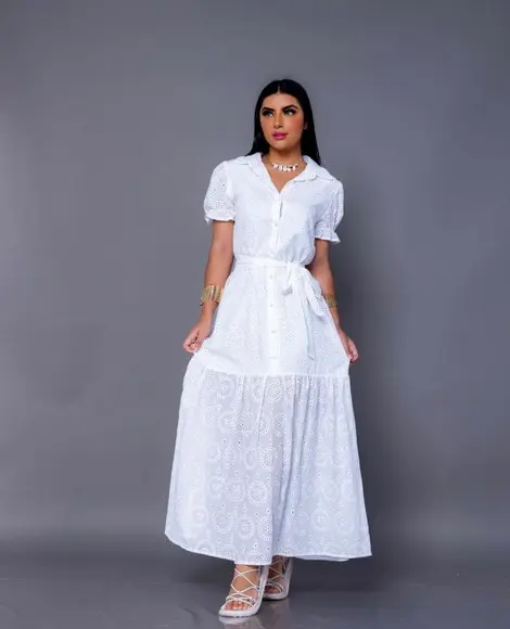 Vestido Longo Branco Algodão Bordado Lese Faixa Civil Festa