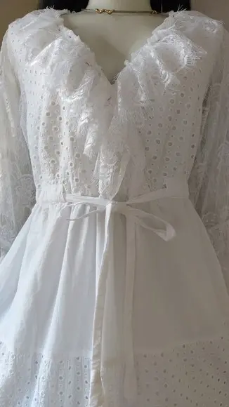 Vestido Longo Branco Algodão Laise Manga 3/4 Em Renda