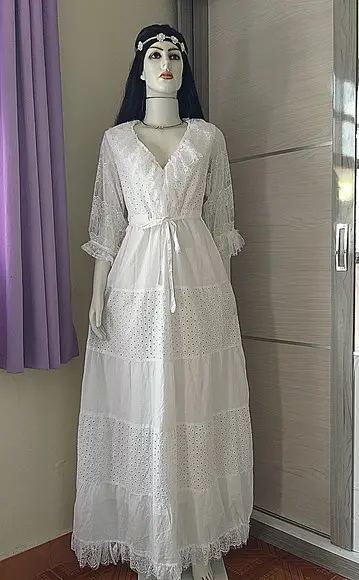 Vestido Longo Branco Algodão Laise Manga 3/4 Em Renda