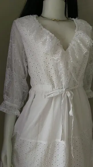 Vestido Longo Branco Algodão Laise Manga 3/4 Em Renda