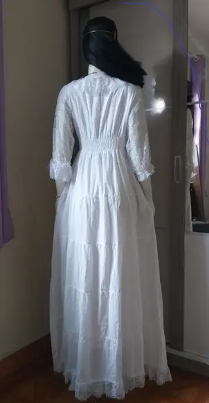 Vestido Longo Branco Algodão Laise Manga 3/4 Em Renda