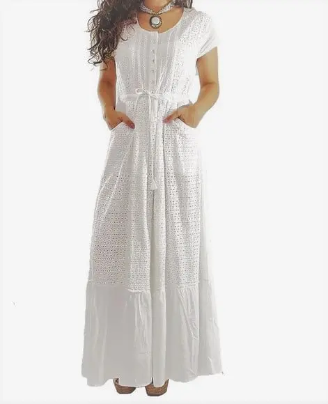 Vestido Longo Branco Laise Bolso Botões Noiva Civil Batizado