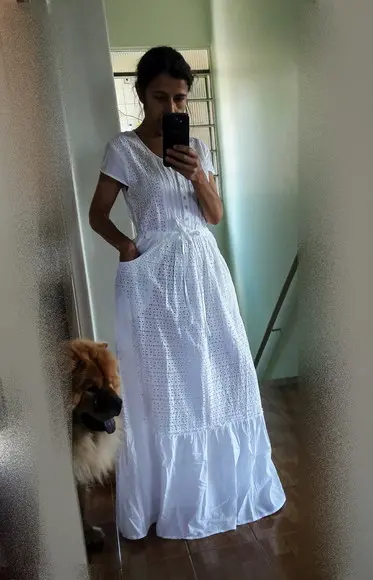 Vestido Longo Branco Laise Bolso Botões Noiva Civil Batizado