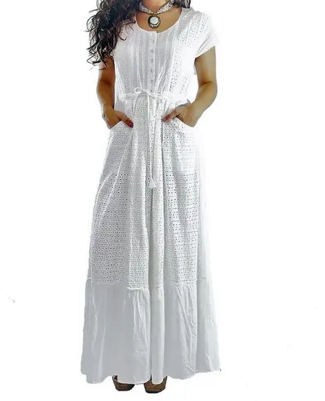 Vestido Longo Branco Laise Bolso Botões Noiva Civil Batizado