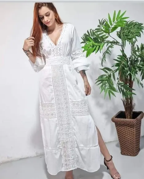 Vestido Longo Branco Laise Renda Noivado Casamento Civil