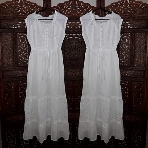 Vestido Longo Branco Lese Bolsos Botões Civil Batizado Festa