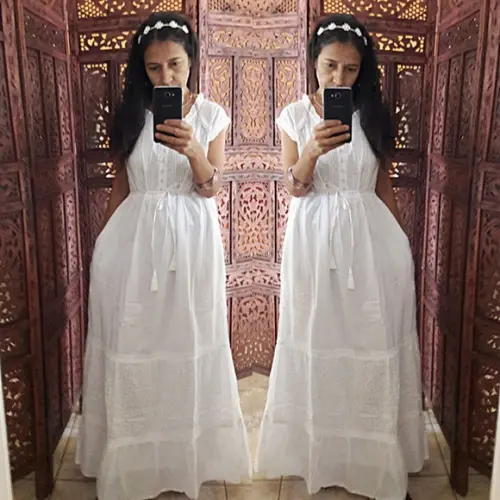 Vestido Longo Branco Lese Bolsos Botões Civil Batizado Festa
