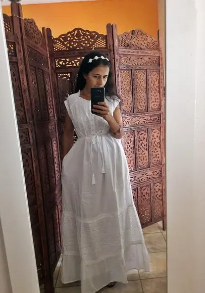 Vestido Longo Branco Lese Bolsos Botões Civil Batizado Festa