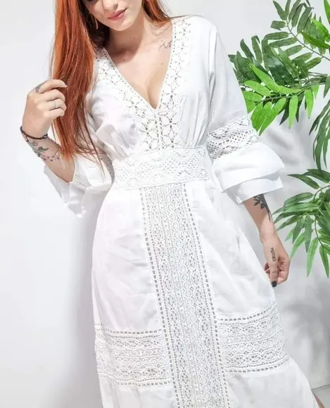 Vestido Longo Branco Laise Renda Noivado Casamento Civil