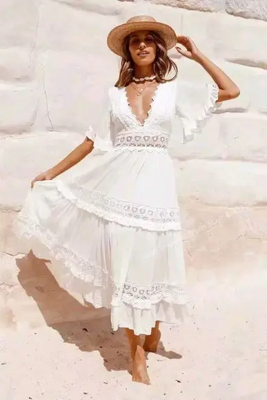Vestido Longo Branco Renda Grupir Noivado Casamento Civil