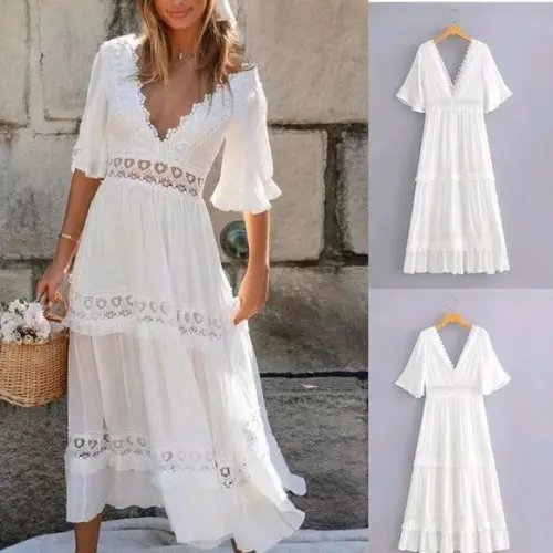 Vestido Longo Branco Renda Grupir Noivado Casamento Civil