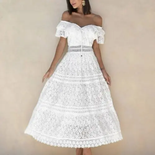 Vestido Longo Branco Renda Guipir Pre Wedding Civil Noiva