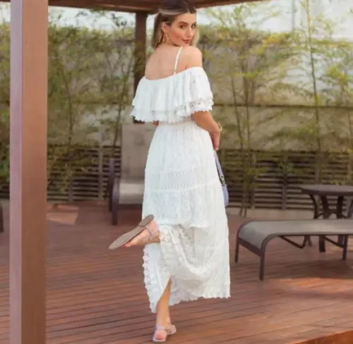 Vestido Longo Branco Renda Guipir Civil Pre Wedding Noiva