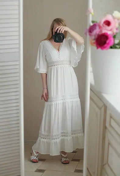 vestido longo branco seda renda grupir noivado festa