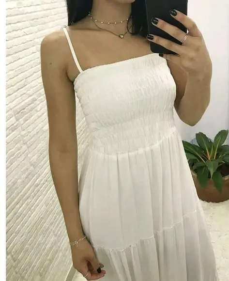 Vestido Longo Lastex Branco Rodado