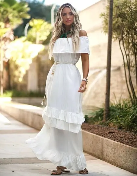 Vestido Longo Manga Ciganinha Babado Casamento Civil Noiva
