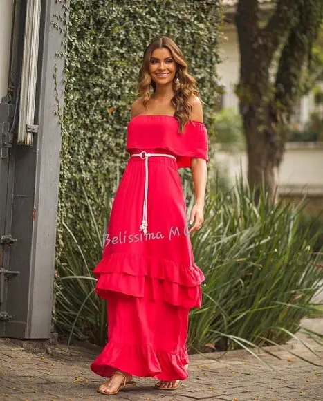 vestido longo manga ciganinha festa