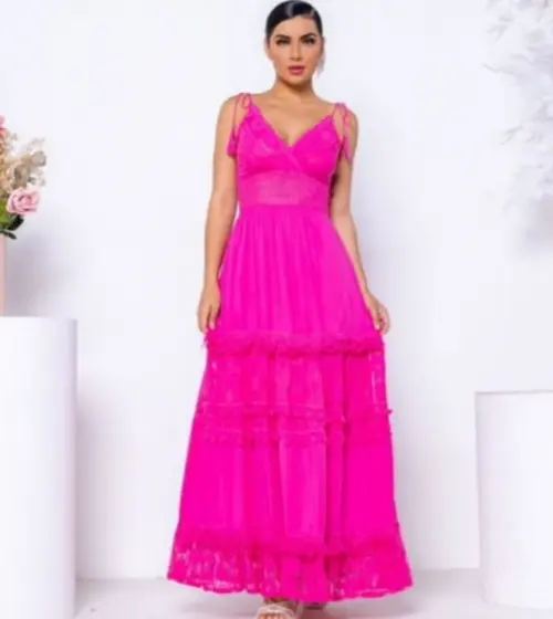 Vestido Longo Pink em Renda Guipir Artesanal Festa Madrinha
