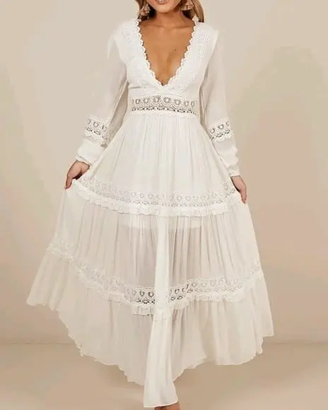 Vestido Longo Renda Grupir Manga Longa Seda